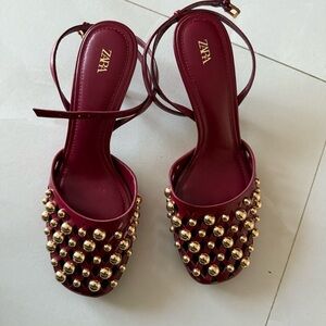 Zara Burgundy and Gold Embellished Heels